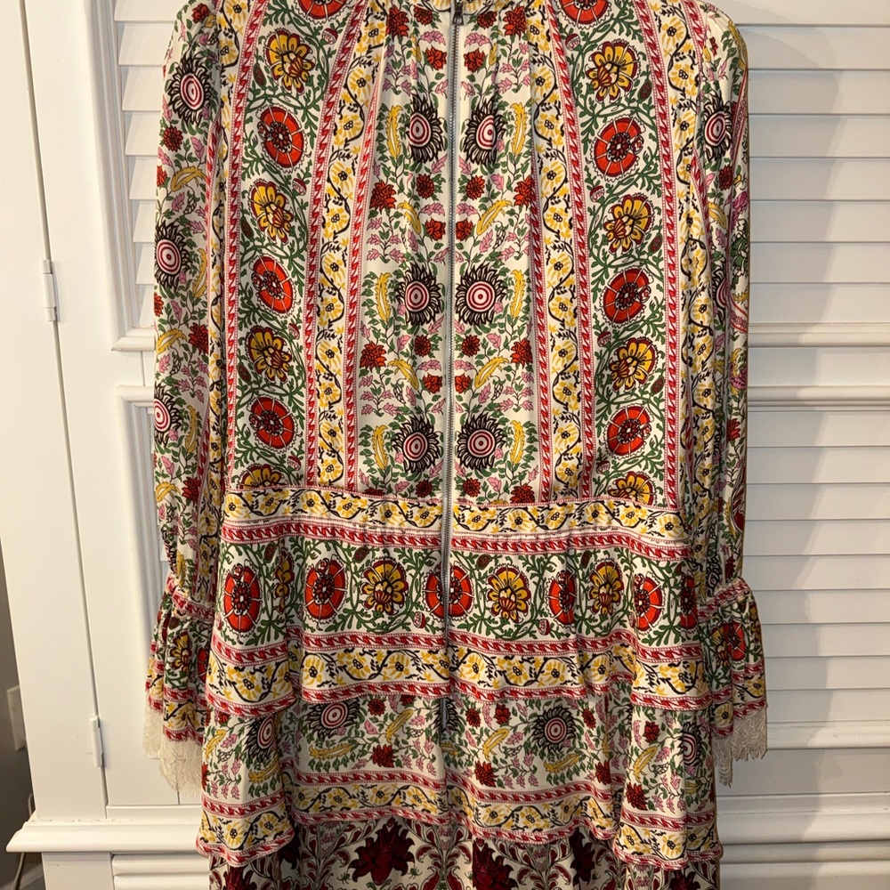 Alice + Olivia Lawson Floral Tiered Dress Green and Cream Mock Neck Dress Sz L - Picture 6 of 16